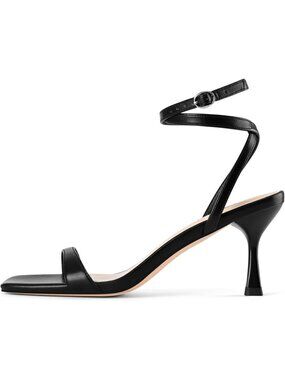 Women's Black 3 Inch Strappy Heeled Sandals Square Open Toe Heel Ankle Strap